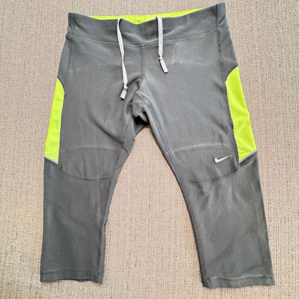 Nike Dri-FIT Running Capris Gray Neon Green Cropped Leggings Women Medium